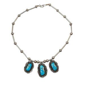 Vintage Taxco Mexico Sterling Silver Necklace With Turquoise Pendants